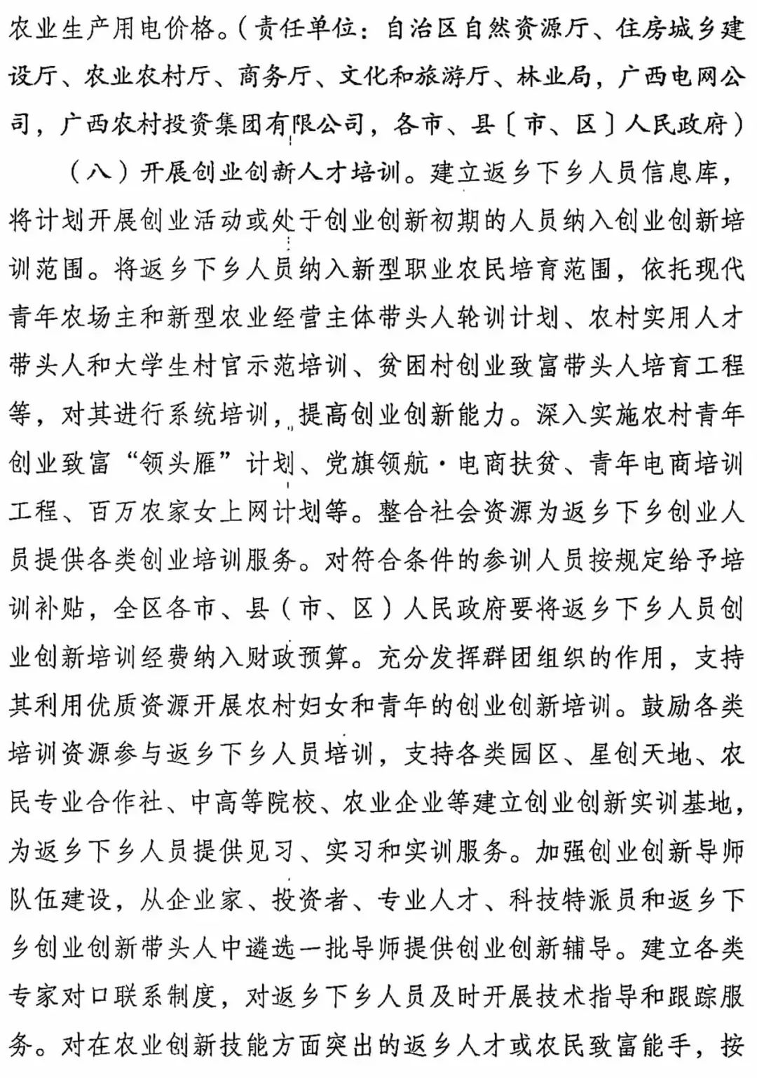 广西壮族自治区人民政府办公厅关于进一步支持返乡人员创业创新促进农村一二三产业融合发展的实施意见