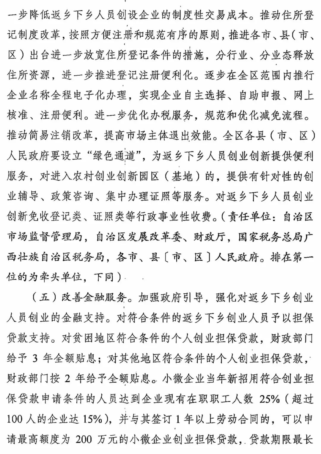 广西壮族自治区人民政府办公厅关于进一步支持返乡人员创业创新促进农村一二三产业融合发展的实施意见